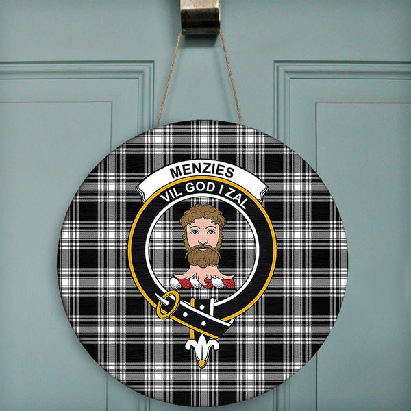 Menzies Black & White Modern Tartan Classic Crest Round Wooden Sign