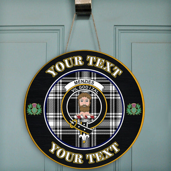 Menzies Black & White Modern Tartan Crest Round Wooden Sign Thistle Memory Style