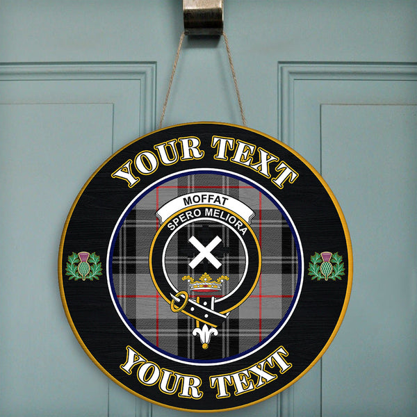 Moffat Modern Tartan Crest Round Wooden Sign Thistle Memory Style