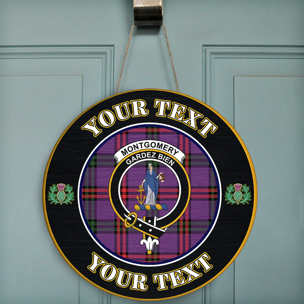 Montgomery Modern Tartan Crest Round Wooden Sign Thistle Memory Style