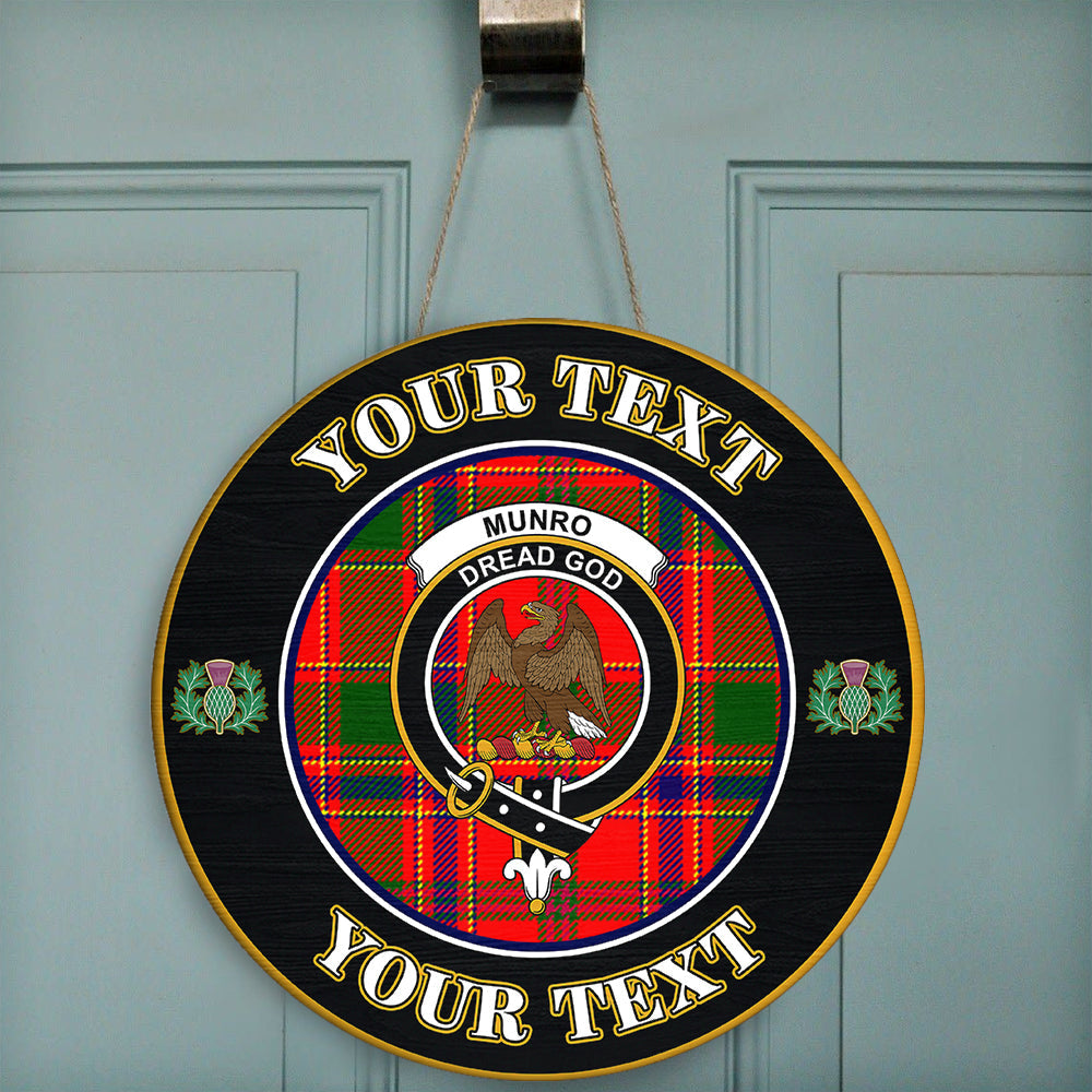 Munro Modern Tartan Crest Round Wooden Sign Thistle Memory Style