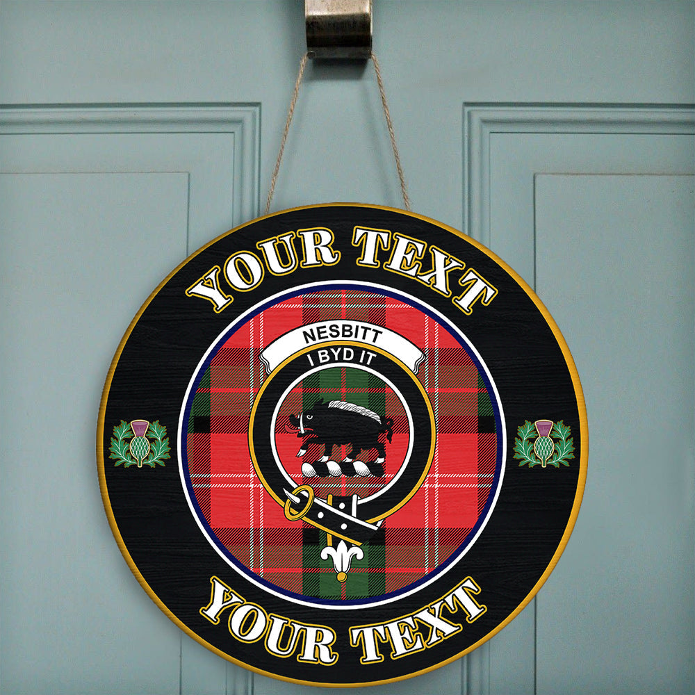 Nesbitt Modern Tartan Crest Round Wooden Sign Thistle Memory Style