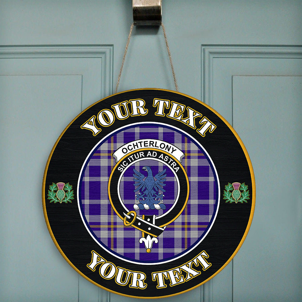 Ochterlony Tartan Crest Round Wooden Sign Thistle Memory Style