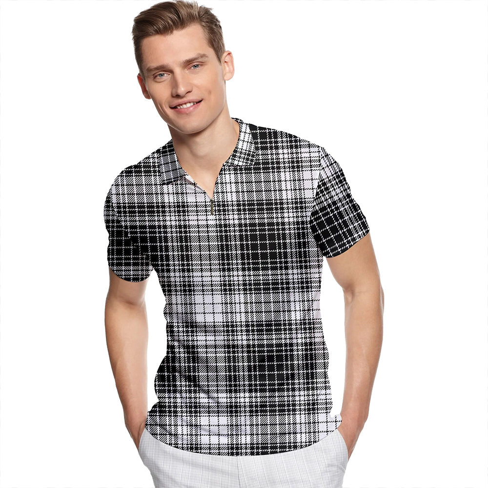 Ogilvie Black & White Tartan Classic Lapel Zip Short Sleeve Polo