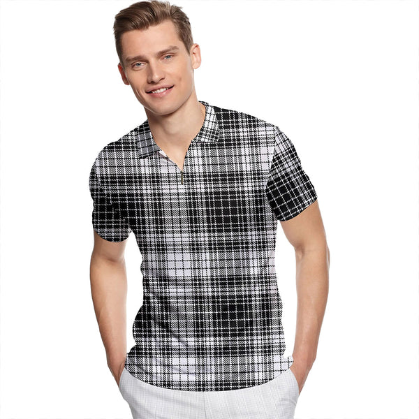 Ogilvie Black & White Tartan Classic Lapel Zip Short Sleeve Polo