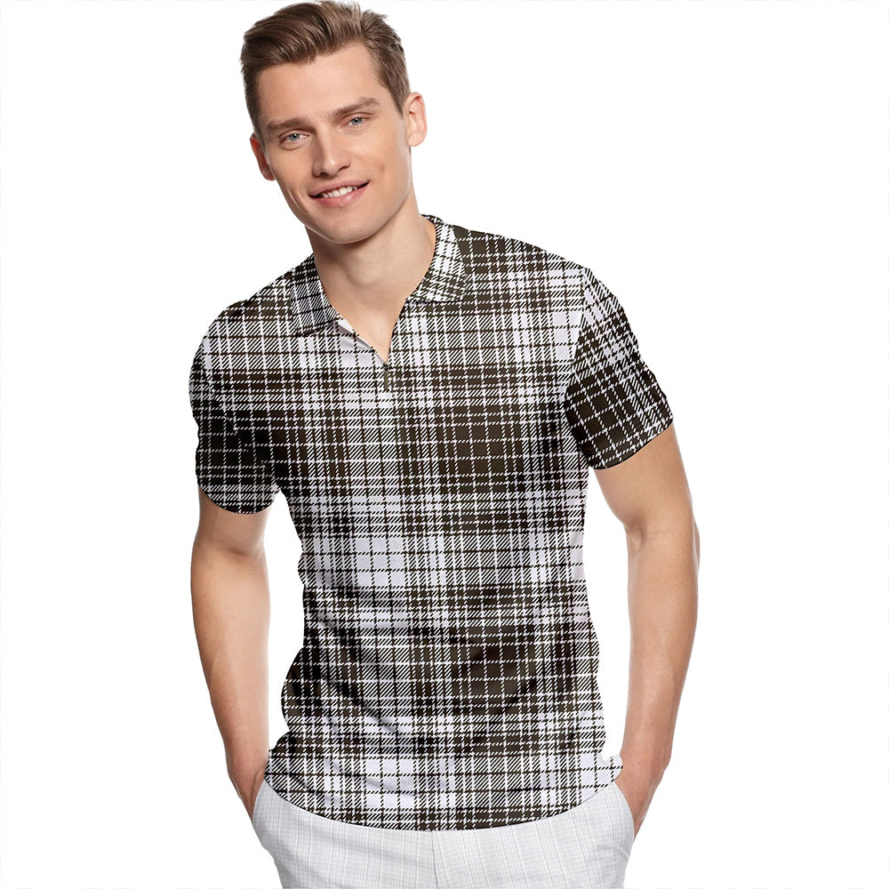 Ogilvie Black & White Weathered Tartan Classic Lapel Zip Short Sleeve Polo