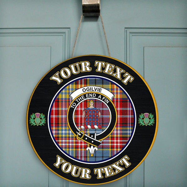 Ogilvie Tartan Crest Round Wooden Sign Thistle Memory Style