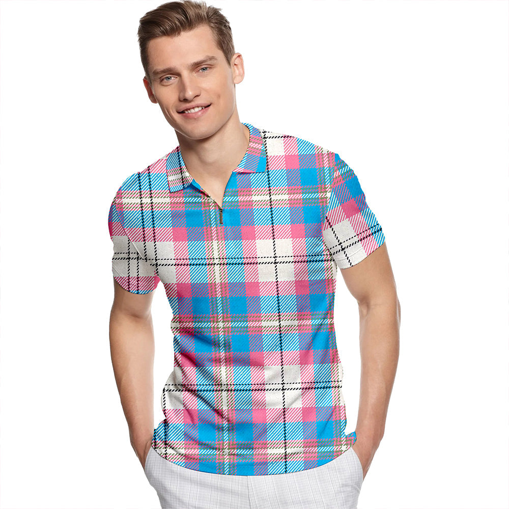 Oliver Dress Dance Tartan Classic Lapel Zip Short Sleeve Polo