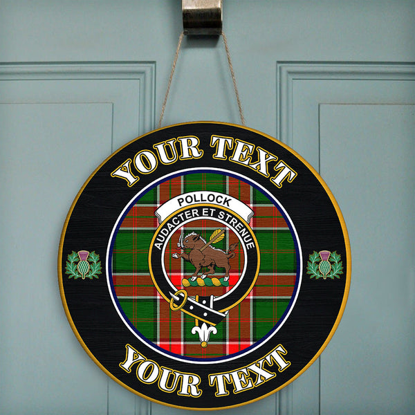 Pollock Modern Tartan Crest Round Wooden Sign Thistle Memory Style