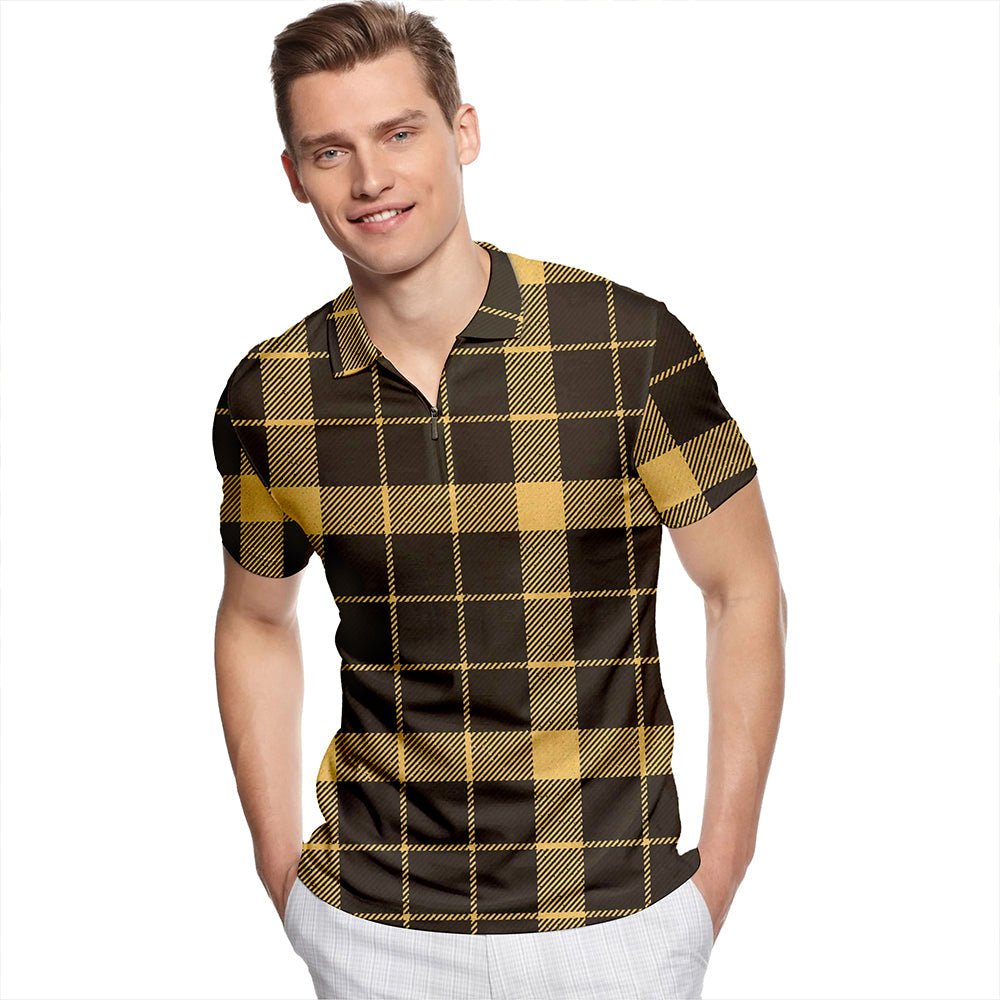 Raeburn Weathered Tartan Classic Lapel Zip Short Sleeve Polo