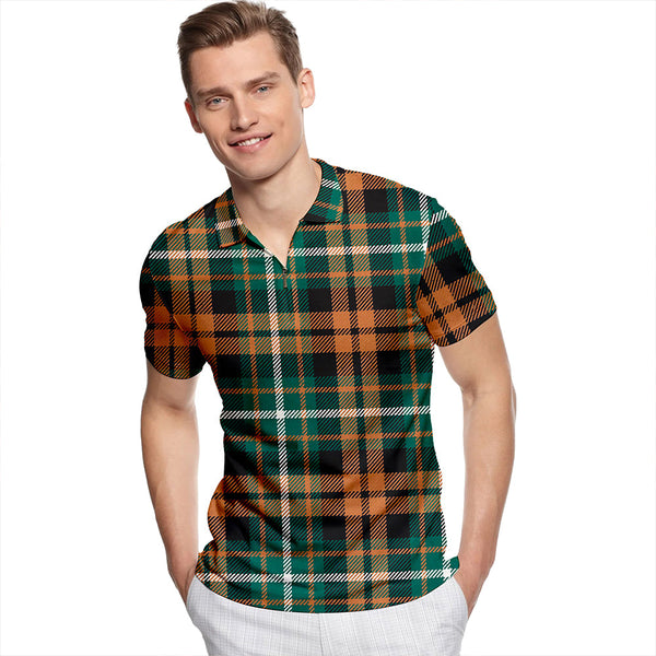 Ramsay Orange Modern Tartan Classic Lapel Zip Short Sleeve Polo