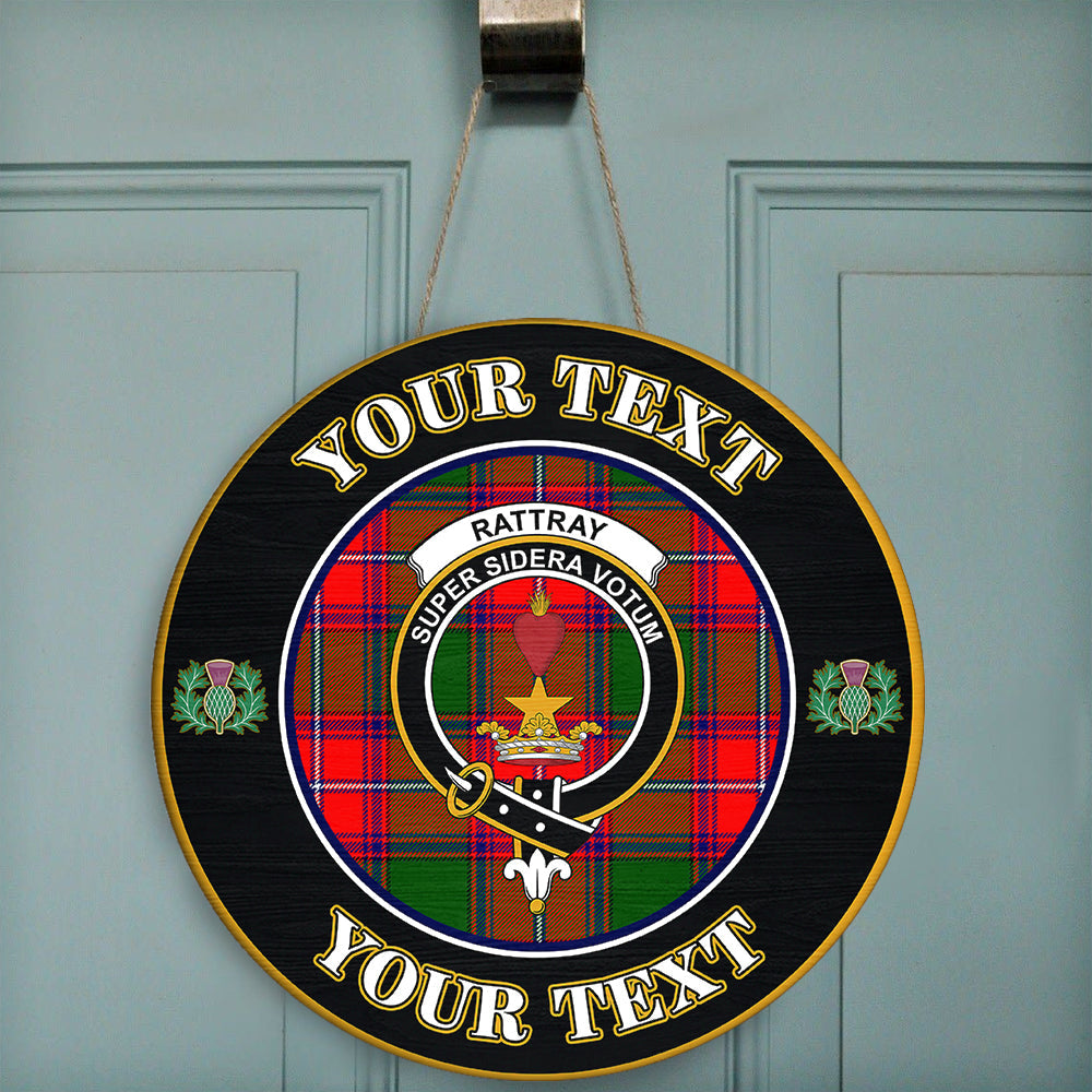 Rattray Modern Tartan Crest Round Wooden Sign Thistle Memory Style