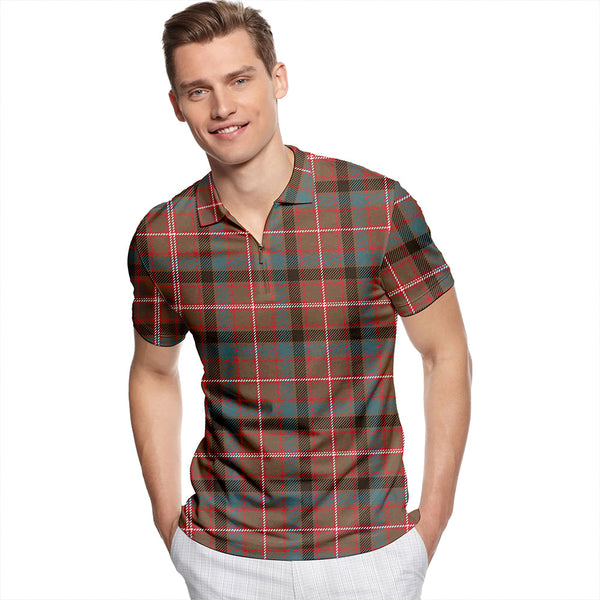 Reid Green Weathered Tartan Classic Lapel Zip Short Sleeve Polo