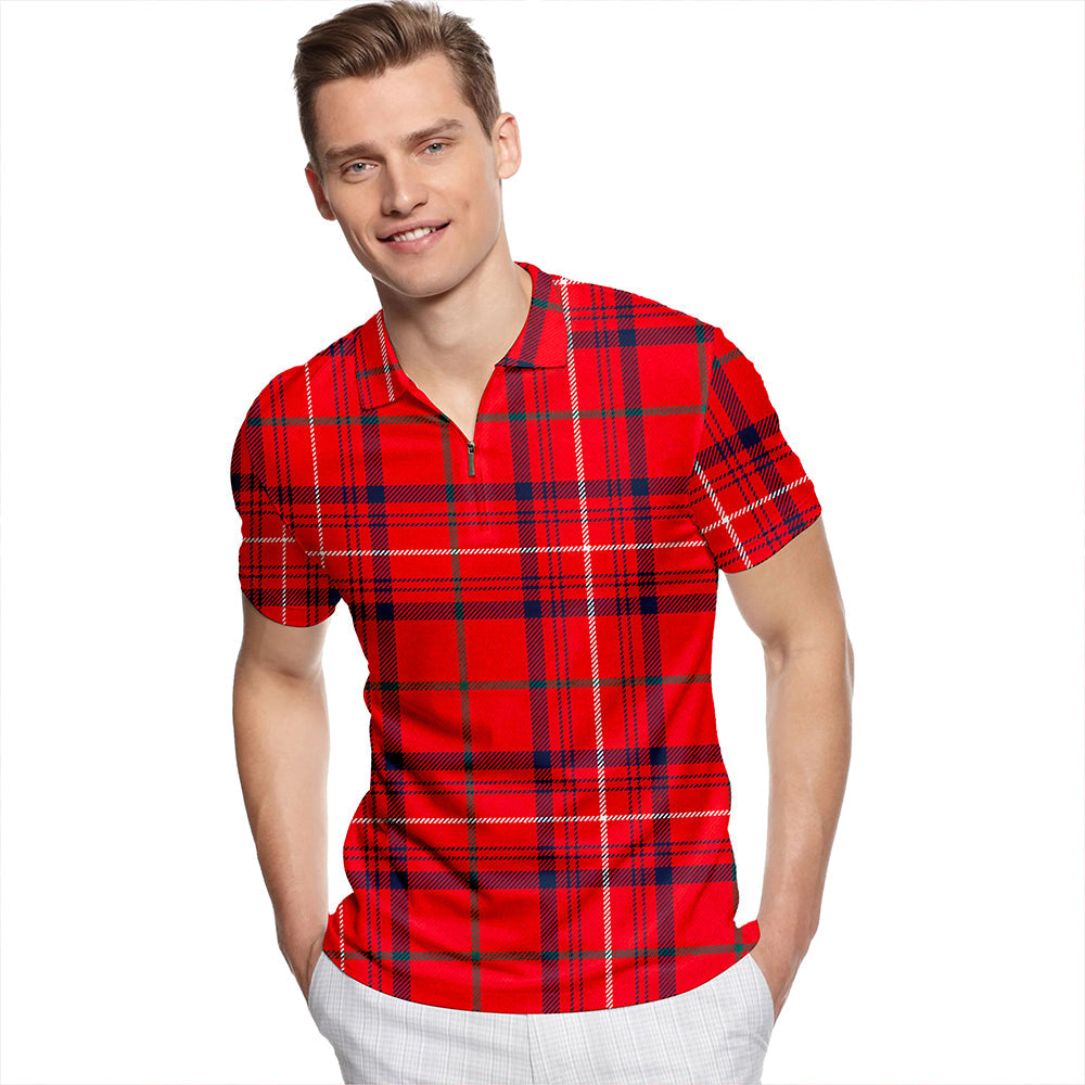 Rose Modern Tartan Classic Lapel Zip Short Sleeve Polo