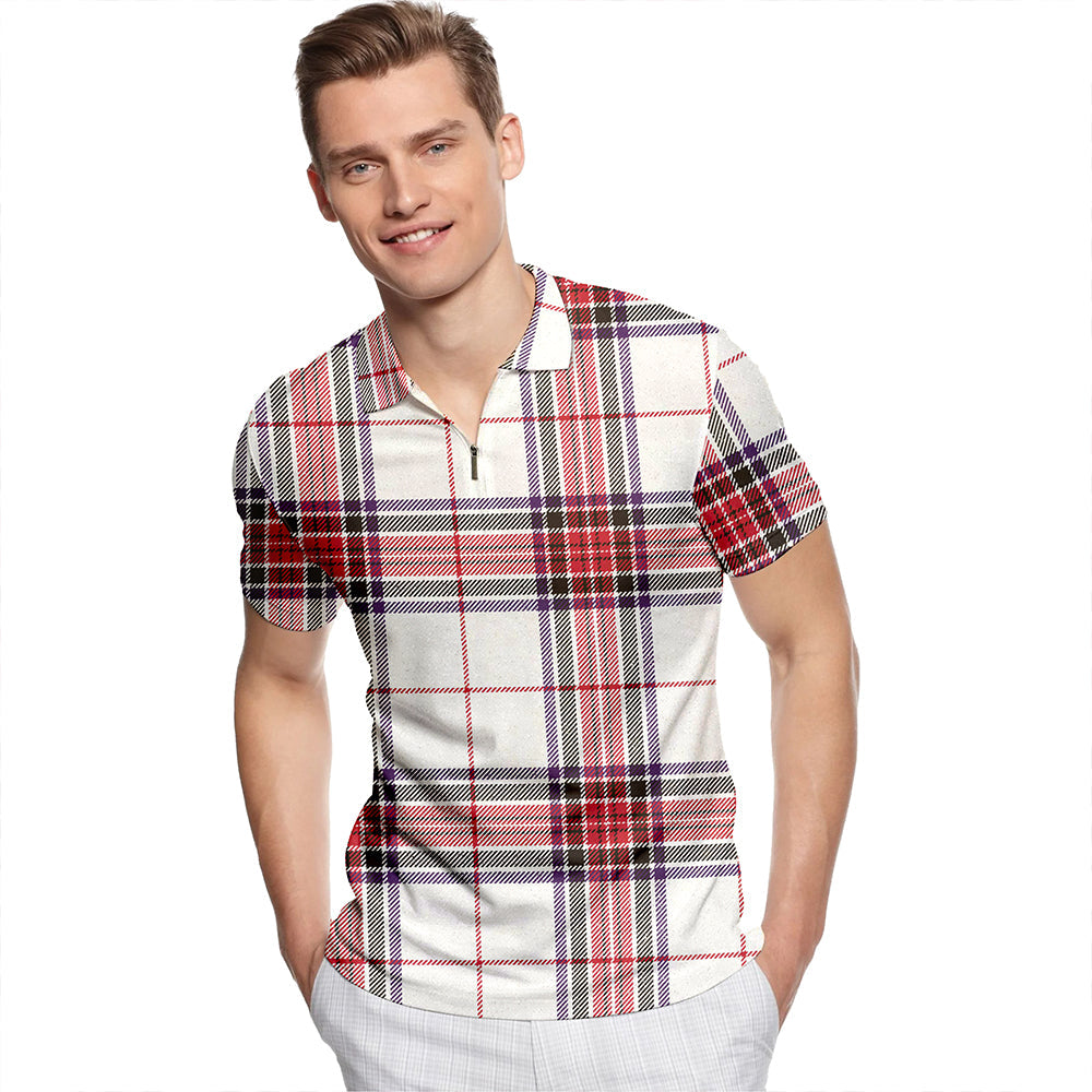 Rothesay Dress Weathered Tartan Classic Lapel Zip Short Sleeve Polo