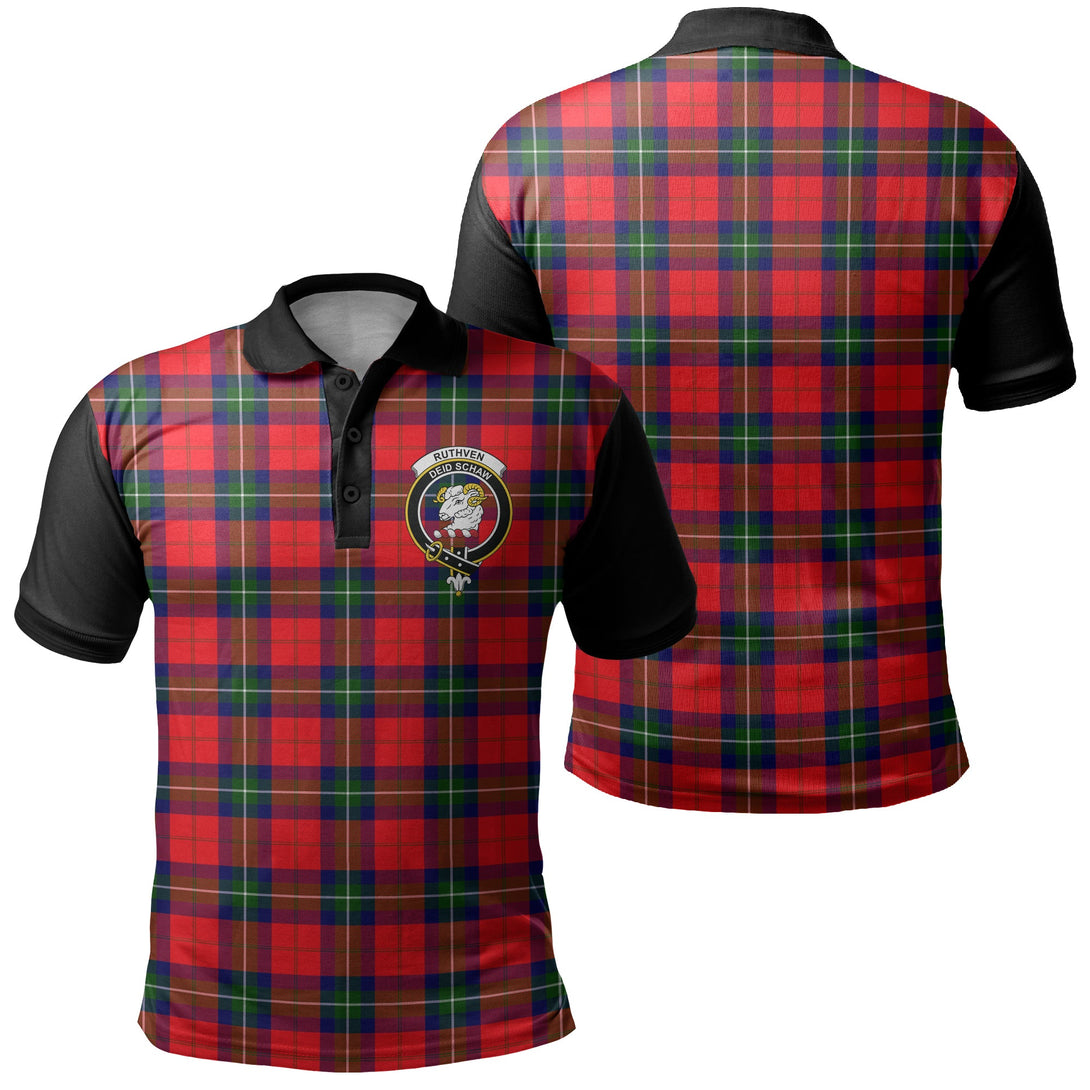 Ruthven Modern Tartan Crest Polo Shirt Black Neck 1 Style