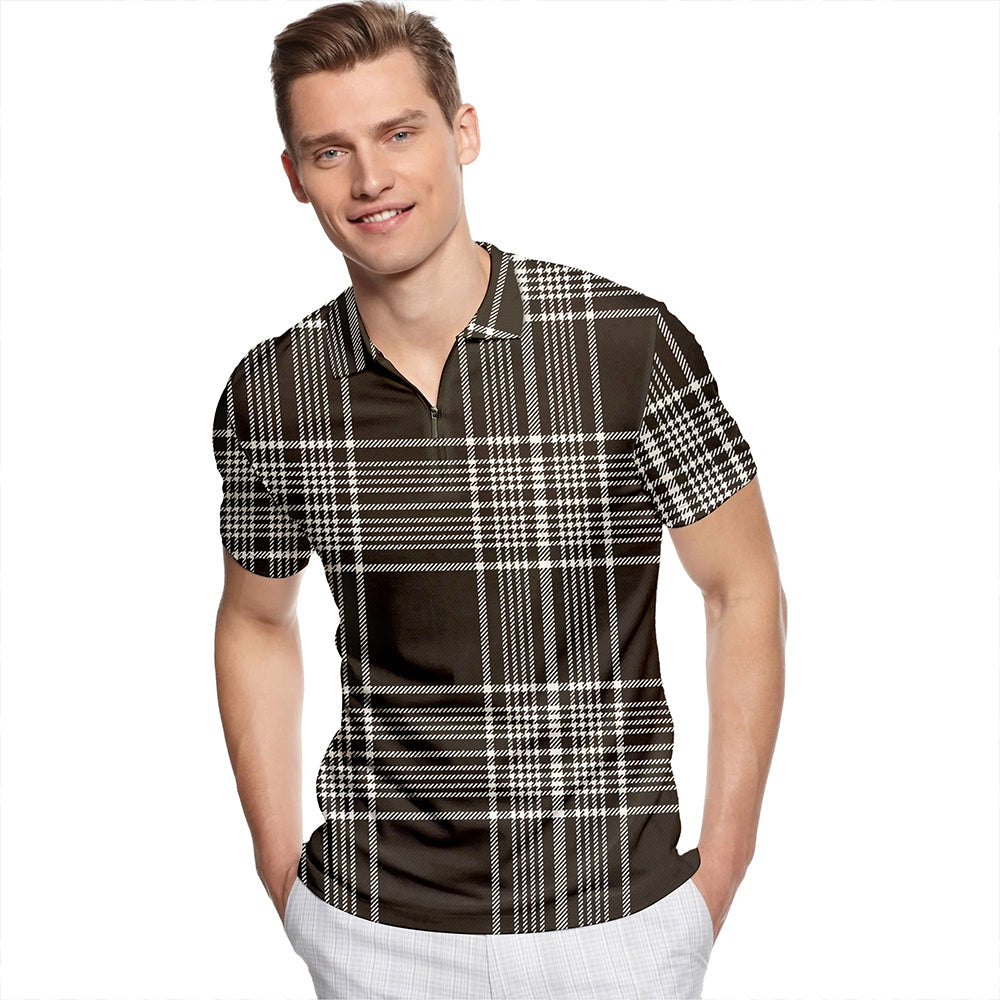 Scott Black & White Weathered Tartan Classic Lapel Zip Short Sleeve Polo