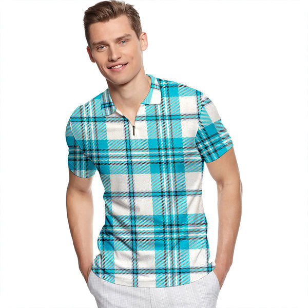 Scott Dress Turquoise Modern Tartan Classic Lapel Zip Short Sleeve Polo