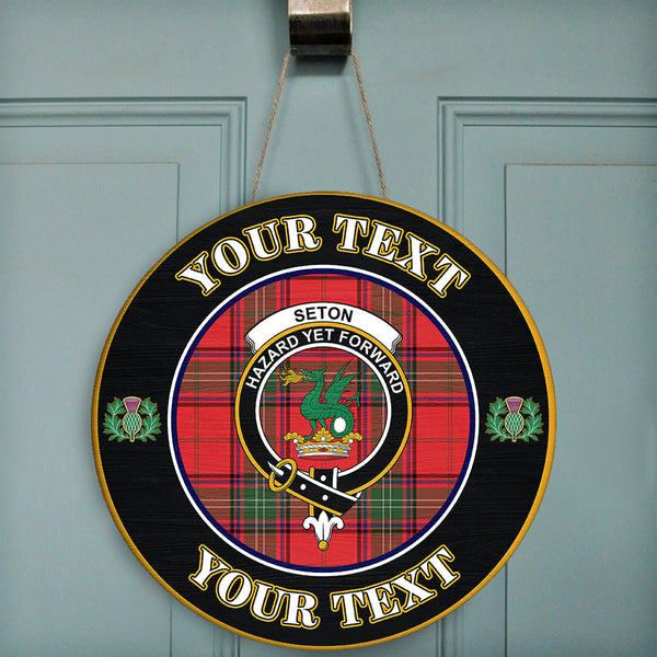 Seton Modern Tartan Crest Round Wooden Sign Thistle Memory Style