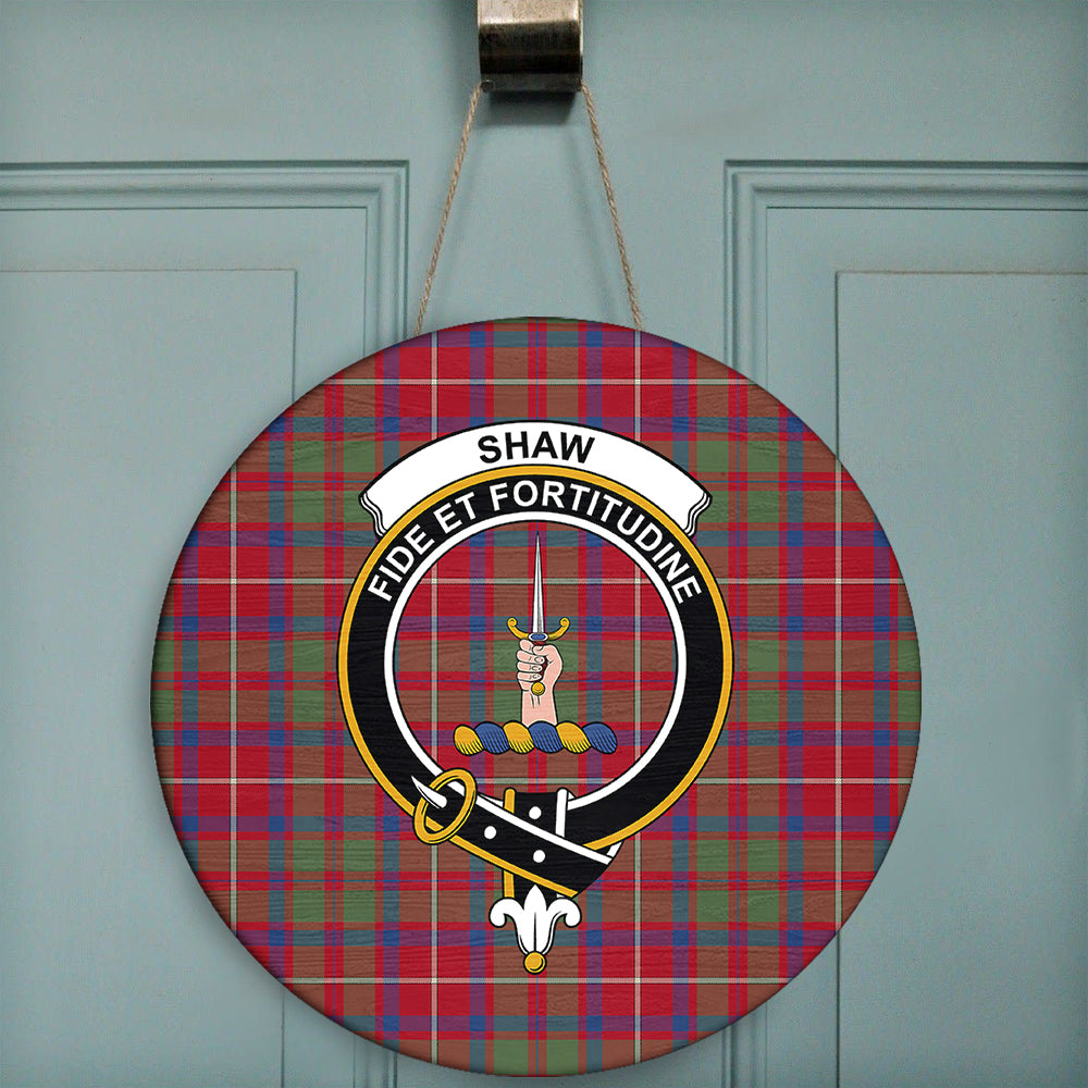 Shaw Red Modern Tartan Classic Crest Round Wooden Sign