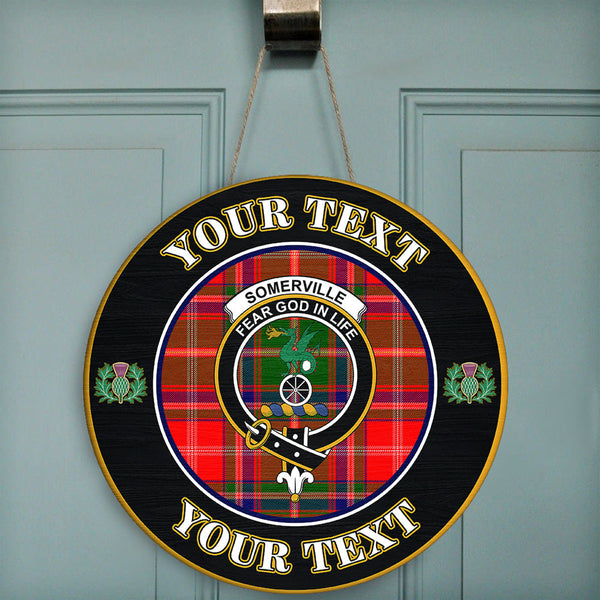 Somerville Modern Tartan Crest Round Wooden Sign Thistle Memory Style