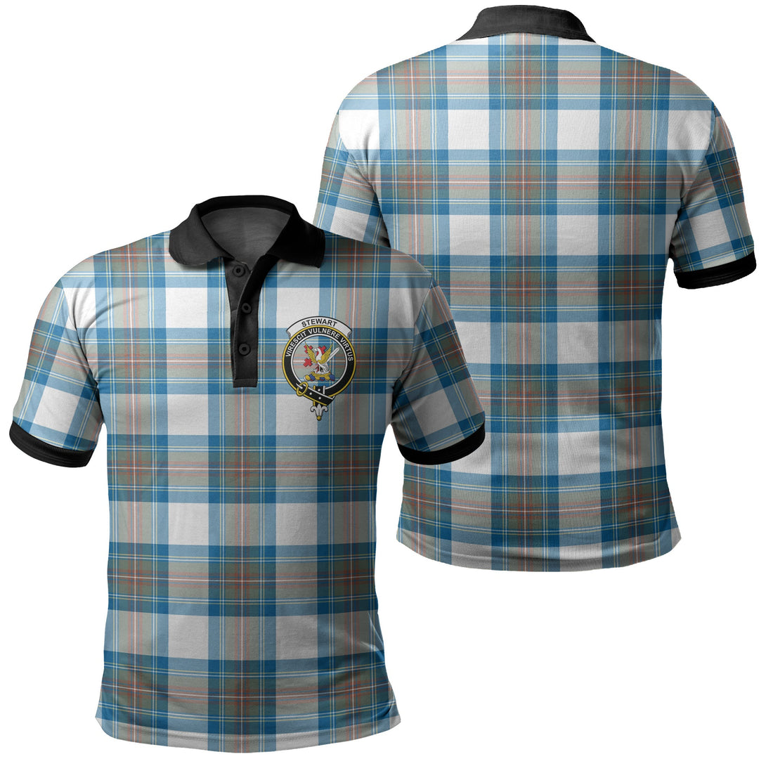 Stewart Muted Blue Tartan Crest Polo Shirt Black Neck 2 Style