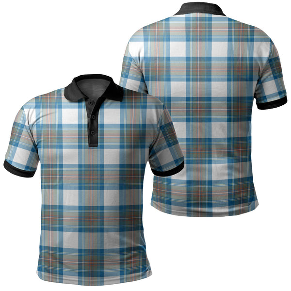 Stewart Muted Blue Tartan Classic Polo Shirt Black Neck 2 Style