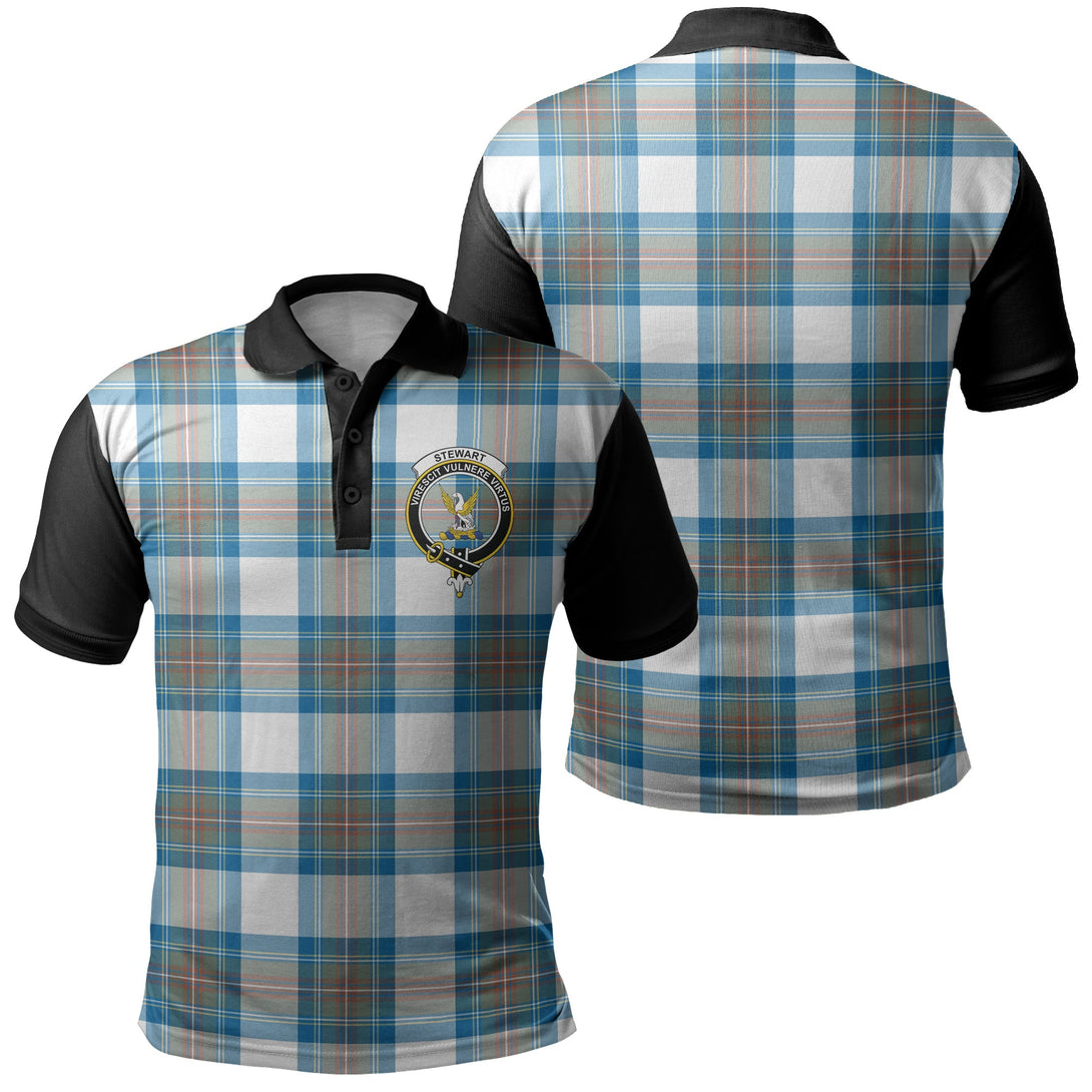 Stewart Muted Blue Tartan Crest Polo Shirt Black Neck 1 Style