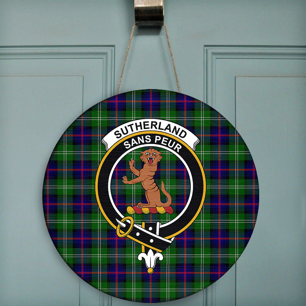 Sutherland Modern Tartan Classic Crest Round Wooden Sign