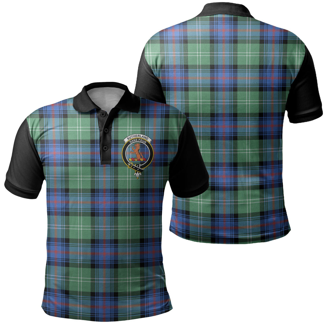 Sutherland Old Ancient Tartan Crest Polo Shirt Black Neck 1 Style