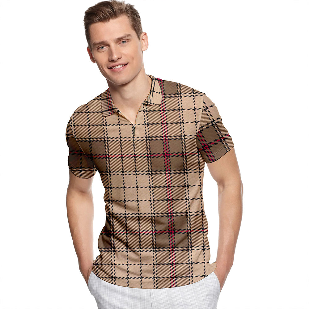 Ulster Brown Modern Tartan Classic Lapel Zip Short Sleeve Polo