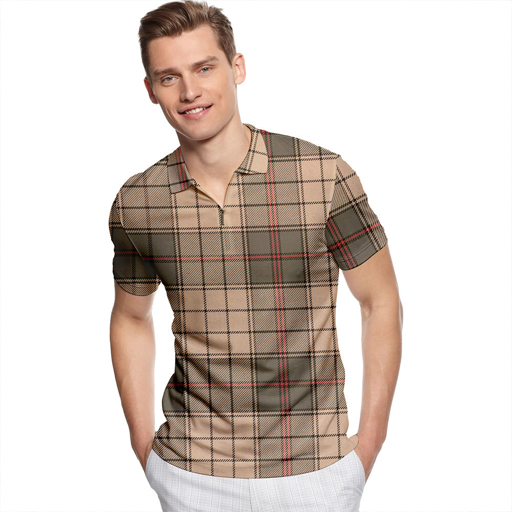 Ulster Brown Weathered Tartan Classic Lapel Zip Short Sleeve Polo