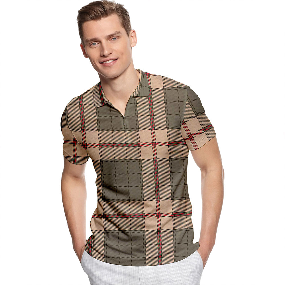 Ulster Peat Weathered Tartan Classic Lapel Zip Short Sleeve Polo