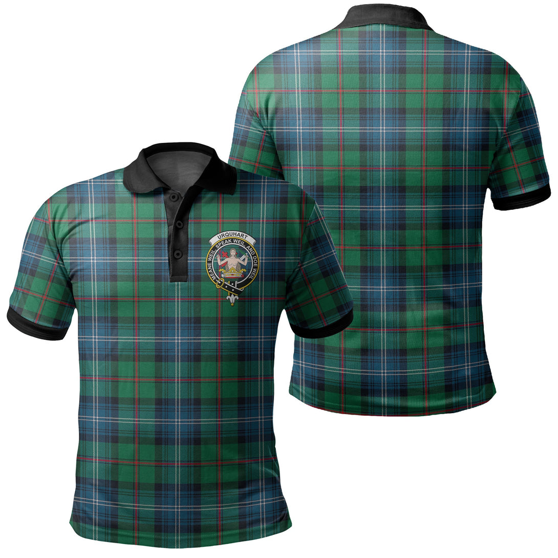 Urquhart Ancient Tartan Crest Polo Shirt Black Neck 2 Style