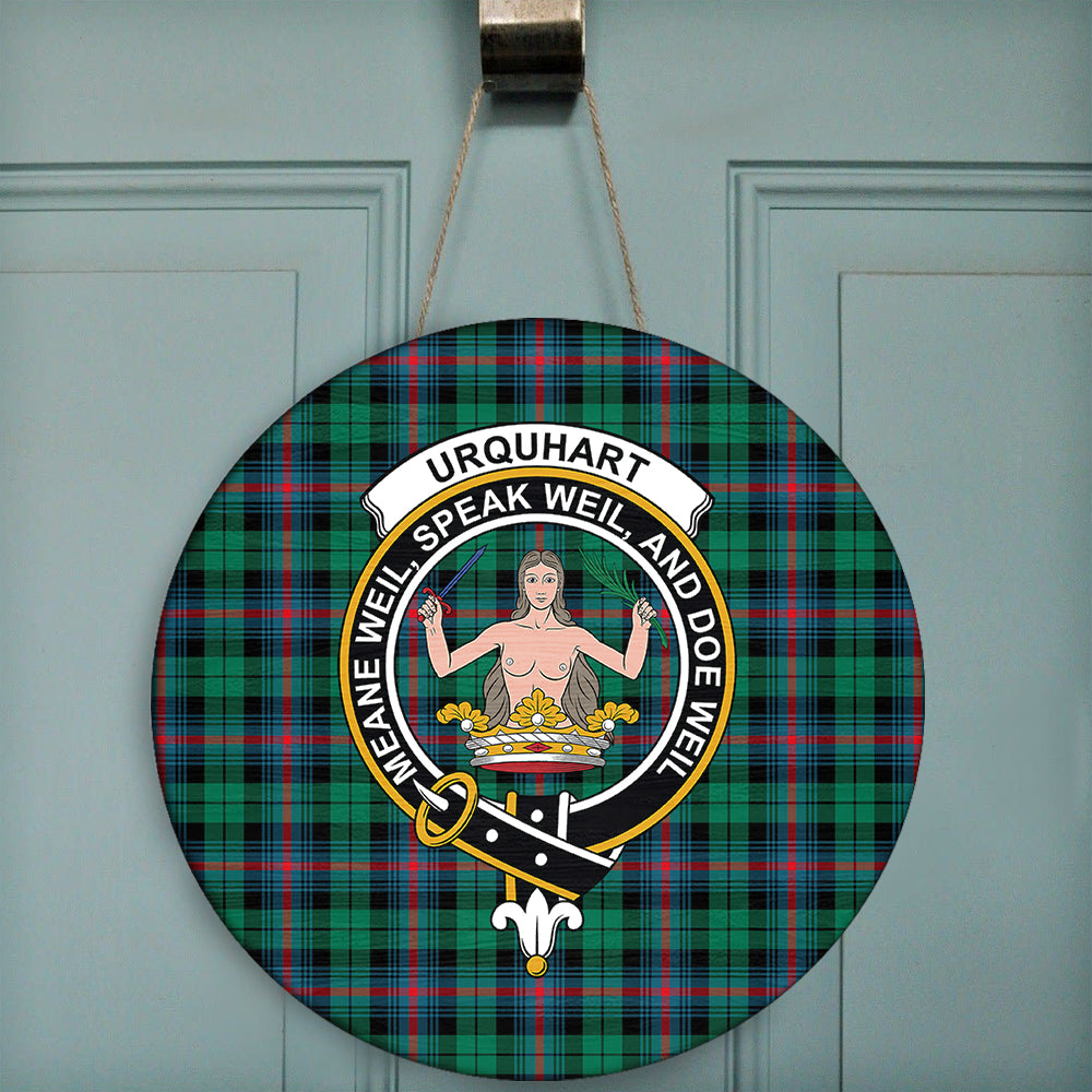 Urquhart Broad Red Ancient Tartan Classic Crest Round Wooden Sign