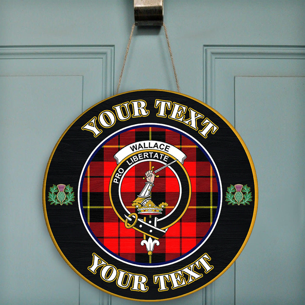 Wallace Hunting - Red Tartan Crest Round Wooden Sign Thistle Memory Style