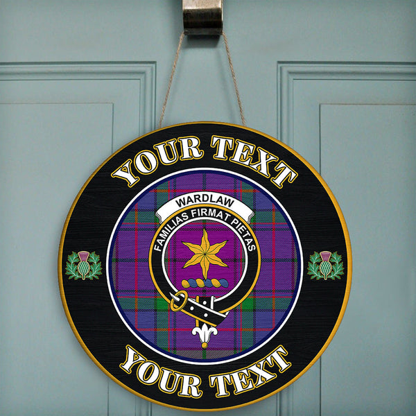 Wardlaw Modern Tartan Crest Round Wooden Sign Thistle Memory Style