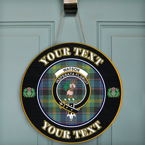 Watson Ancient Tartan Crest Round Wooden Sign Thistle Memory Style