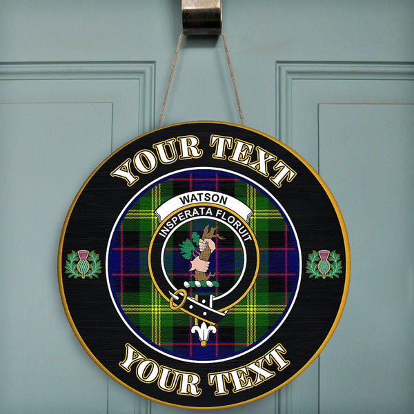 Watson Modern Tartan Crest Round Wooden Sign Thistle Memory Style