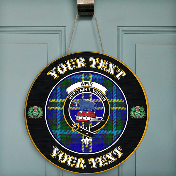 Weir Modern Tartan Crest Round Wooden Sign Thistle Memory Style