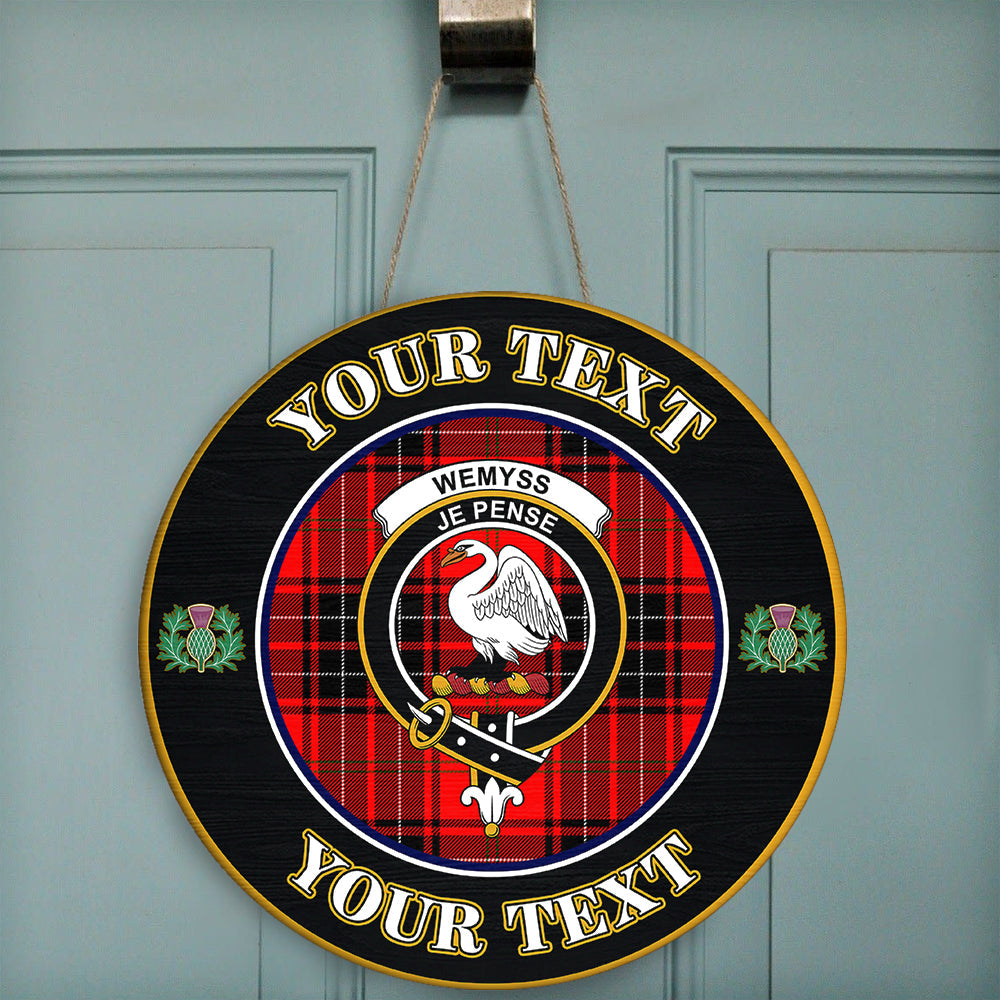 Wemyss Modern Tartan Crest Round Wooden Sign Thistle Memory Style