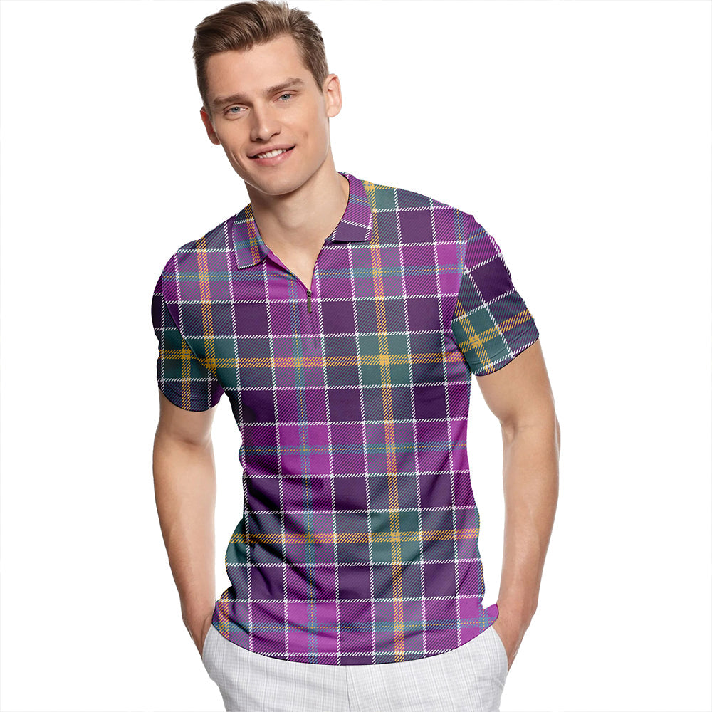 Yule Weathered Tartan Classic Lapel Zip Short Sleeve Polo