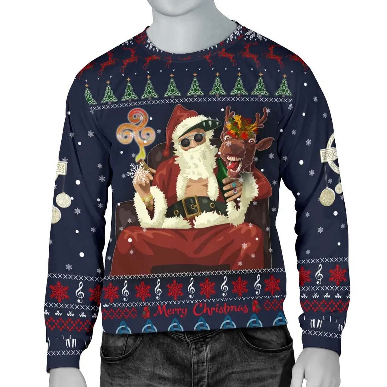 Celtic Ugly Christmas Men's Sweater - Gangster Santa with Reindeer ...