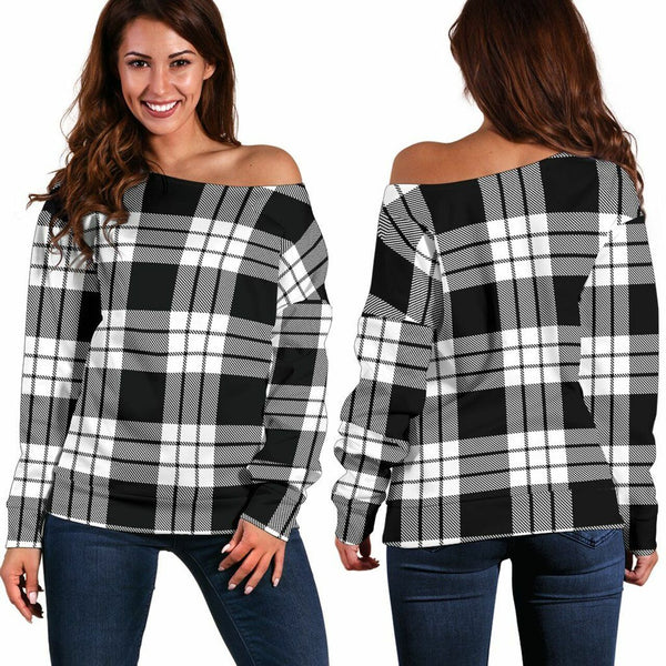 MacFarlane Black & White Tartan Classic Women Off Shoulder Sweatshirt