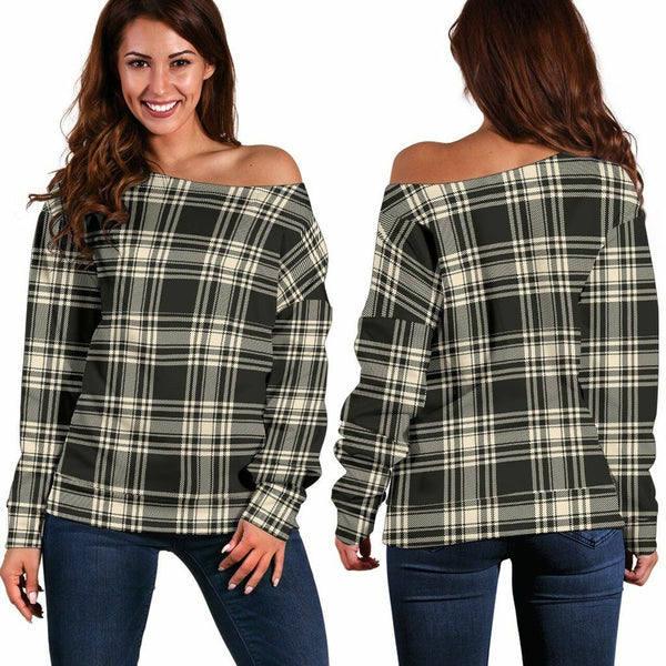 Menzies Black & White Ancient Tartan Classic Women Off Shoulder Sweatshirt