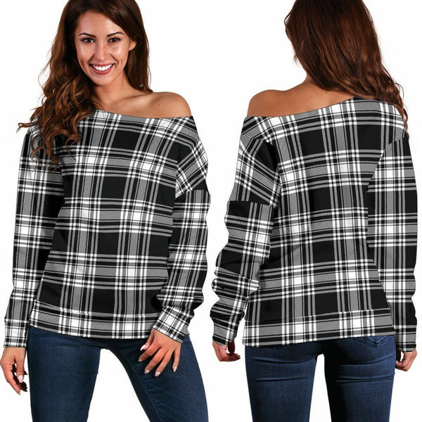 Menzies Black & White Modern Tartan Classic Women Off Shoulder Sweatshirt