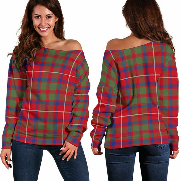 Shaw Red Modern Tartan Classic Women Off Shoulder Sweatshirt