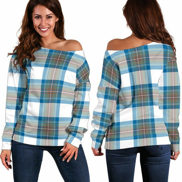 Stewart Muted Blue Tartan Classic Women Off Shoulder Sweatshirt